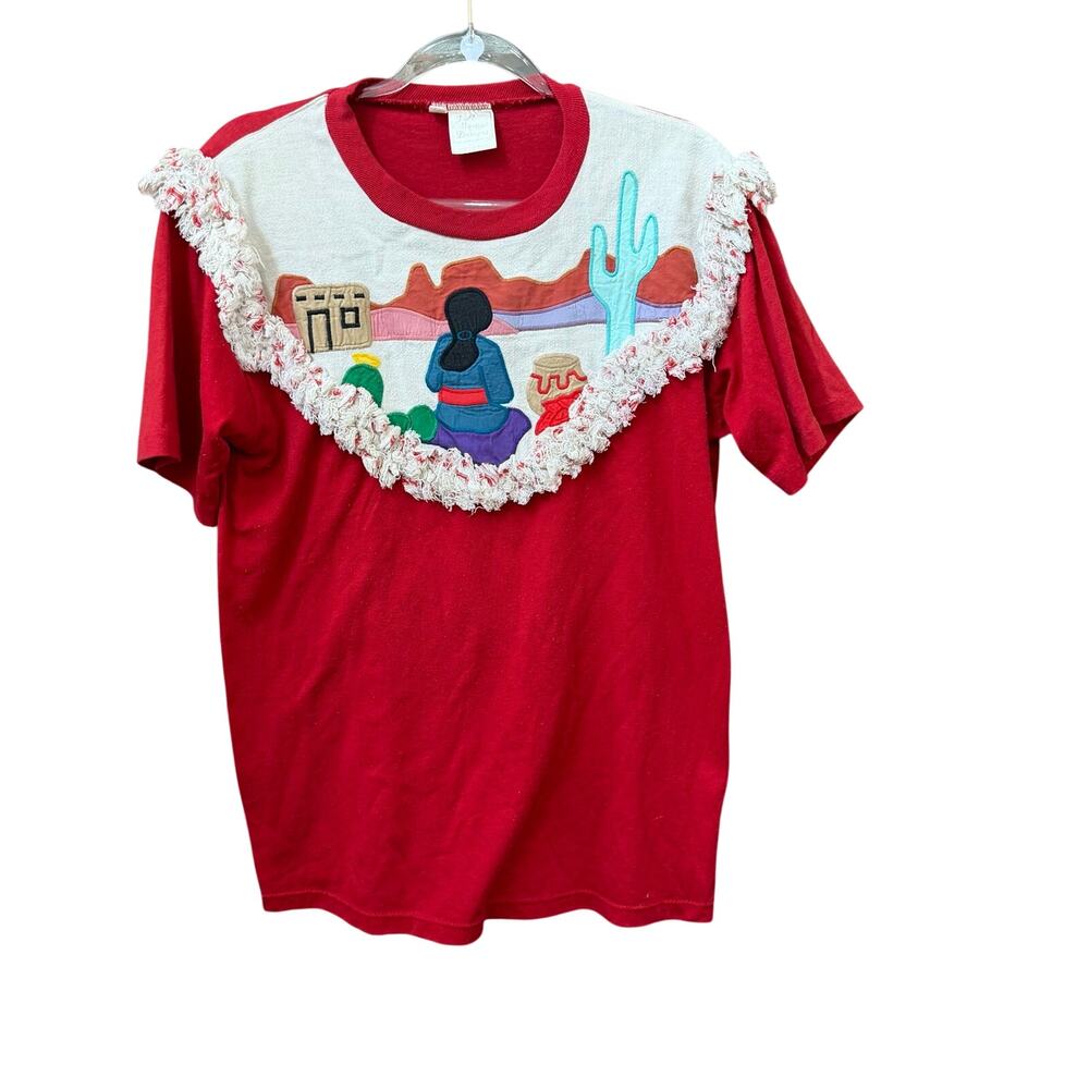Vintage Southwestern Applique Tee Sz Large Folk Art Fringe Trim Adobe Santa Fe